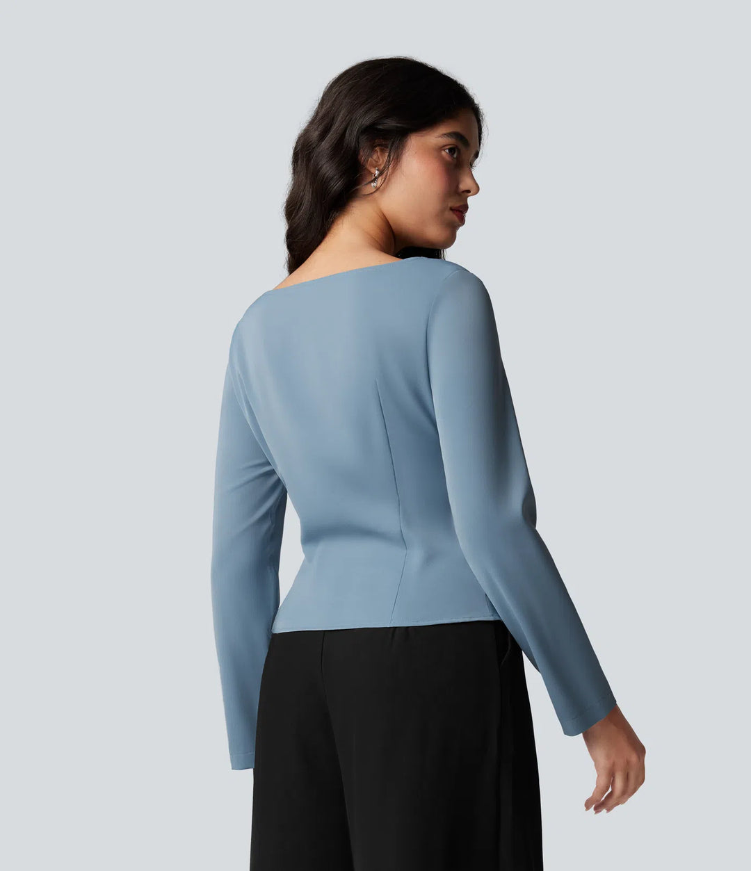 Wrinkle Recovery Boat Neck Long Sleeve Ruched Tie Work Blouse