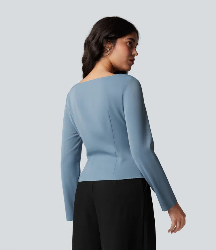 Wrinkle Recovery Boat Neck Long Sleeve Ruched Tie Work Blouse
