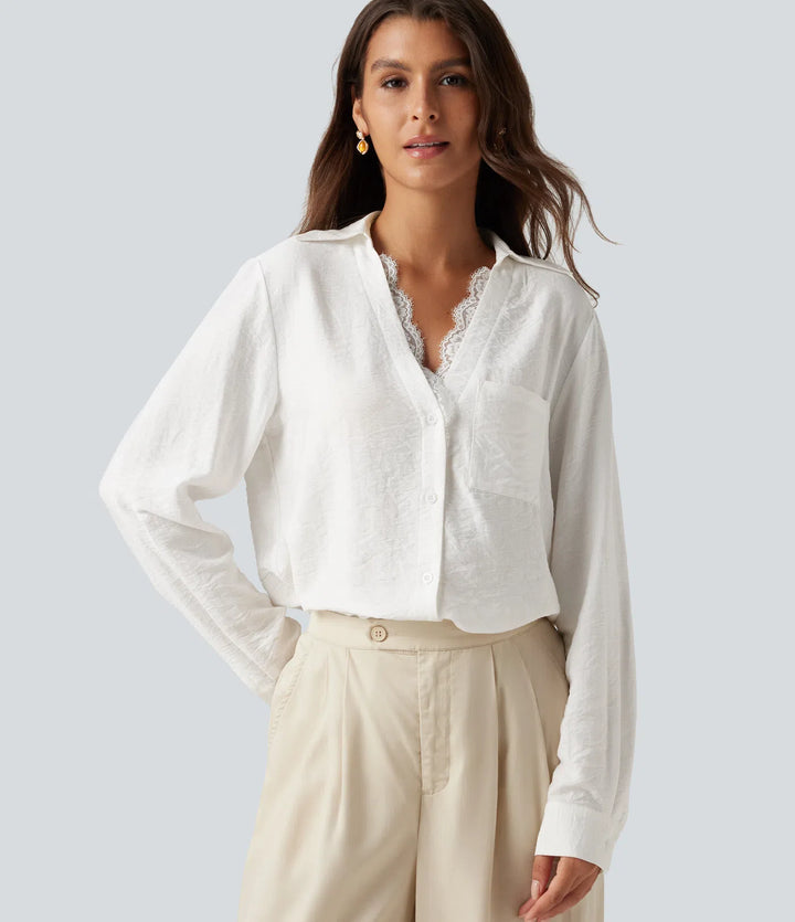 V Neck Contrast Lace Long Sleeve Work Shirt with Pocket