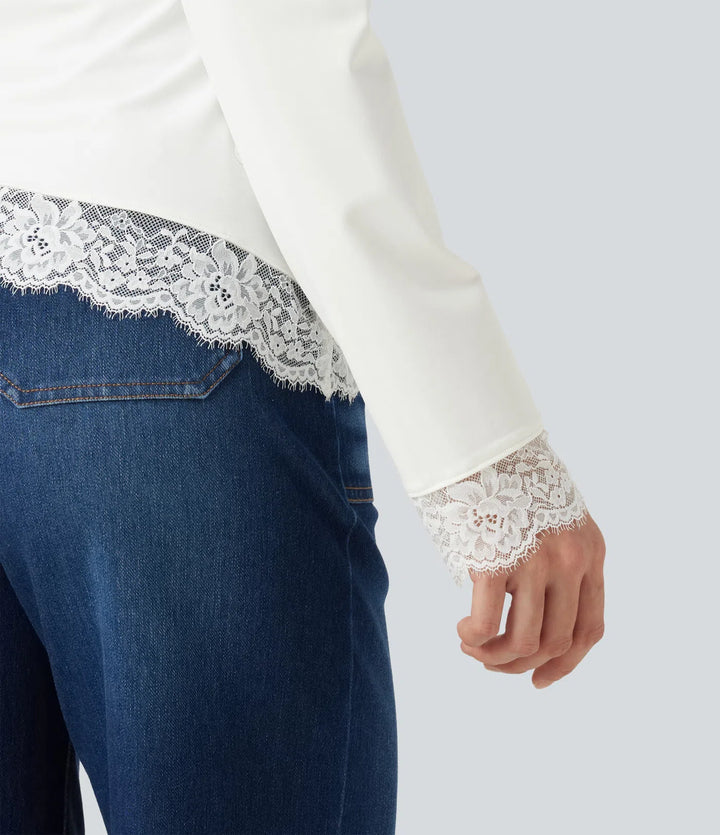 Boat Neck Long Sleeve Contrast Lace Asymmetric Hem Casual Top