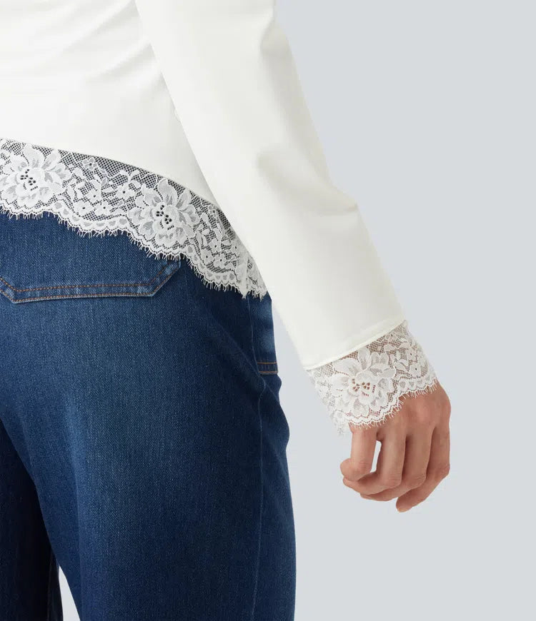 Boat Neck Long Sleeve Contrast Lace Asymmetric Hem Casual Top