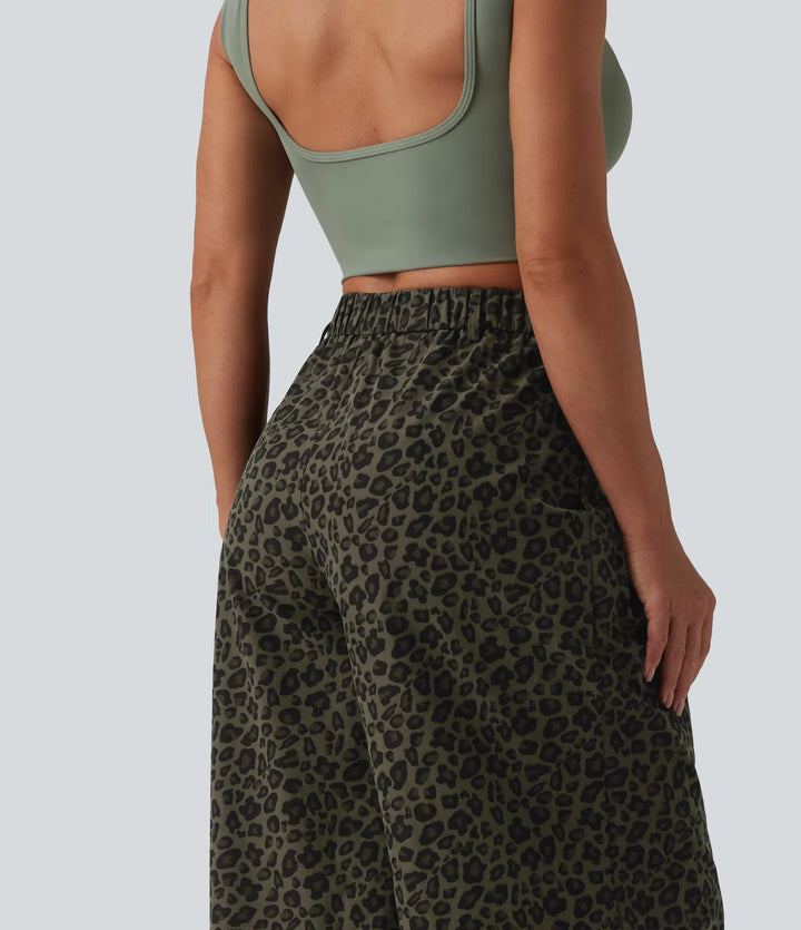 Mid Rise Wide Leg Baggy Leopard Print Casual Pants with Pockets