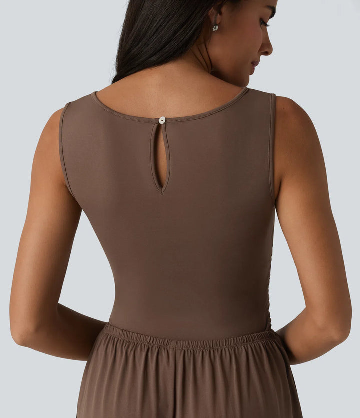 Boat Neck Sleeveless Ruched Wide Leg Casual Jumpsuit with Pockets-Easy Peezy Edition