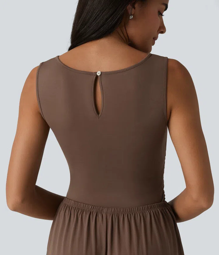 Boat Neck Sleeveless Ruched Wide Leg Casual Jumpsuit with Pockets-Easy Peezy Edition