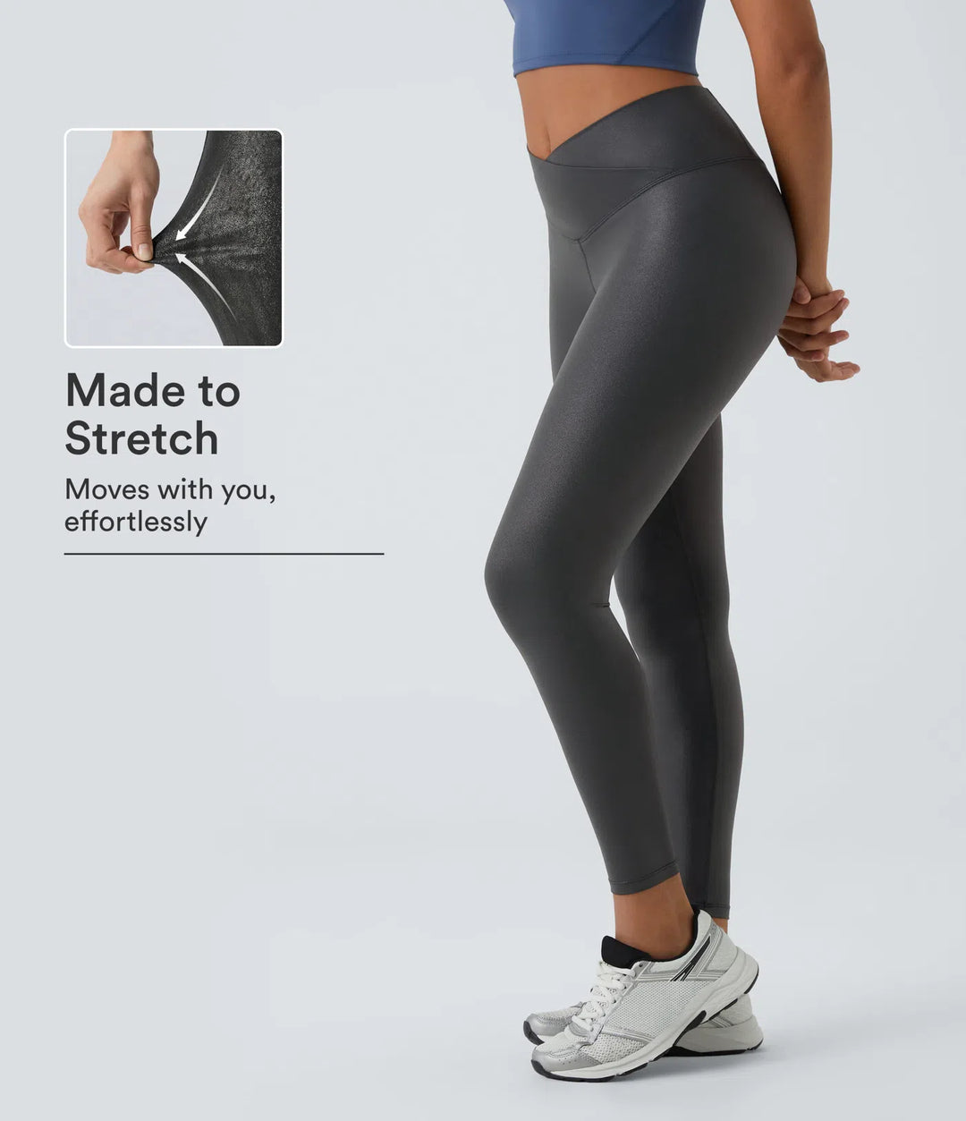 SoftlyZero Faux Leather Crossover Pocket Foil Print Stretchy Casual Leggings