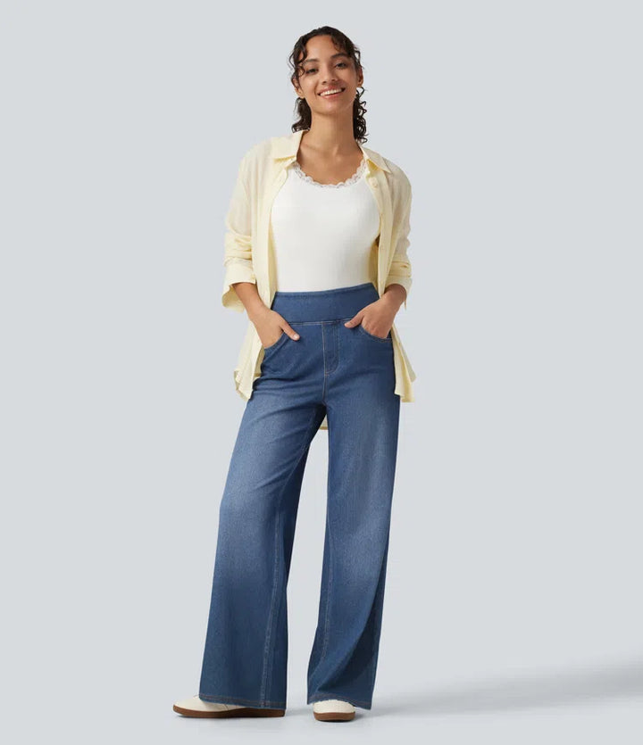 HalaraFlex High Waisted Wide Leg Silver Shine Casual Jeans with Pockets
