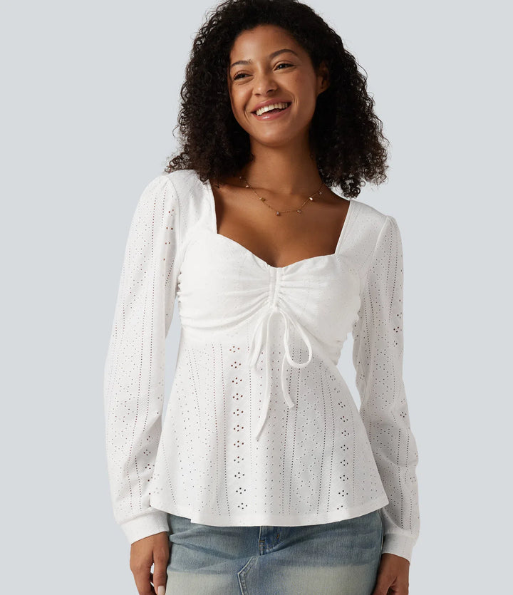 Sweetheart Neck Long Sleeve Lace Up Built-in Bra Eyelet Casual Top