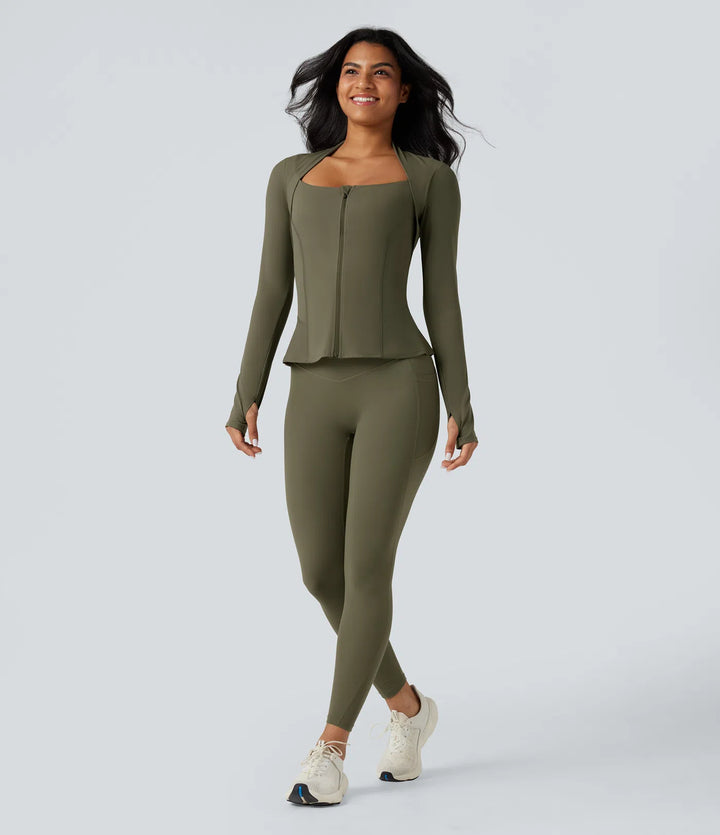 Halara UltraSculpt Push-Up Long Sleeve Thumb Hole Zipper Ruffle Hem Yoga Curvy Jacket