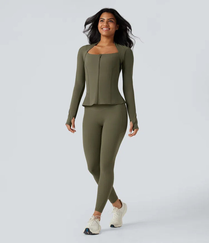 Halara UltraSculpt Push-Up Long Sleeve Thumb Hole Zipper Ruffle Hem Yoga Curvy Jacket