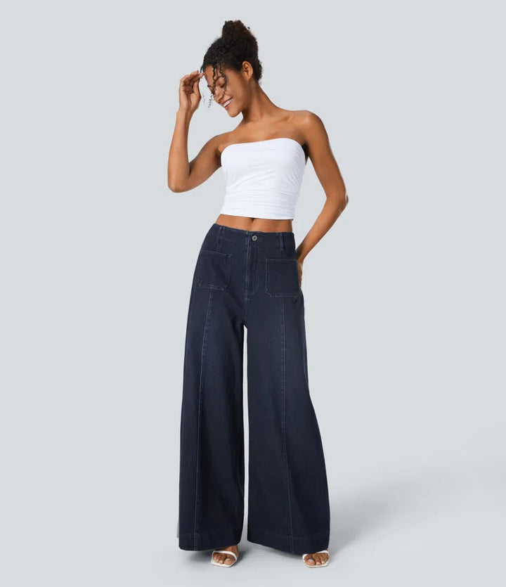 Halara Flex High Waisted Pockets Washed Casual Wide Leg Jeans