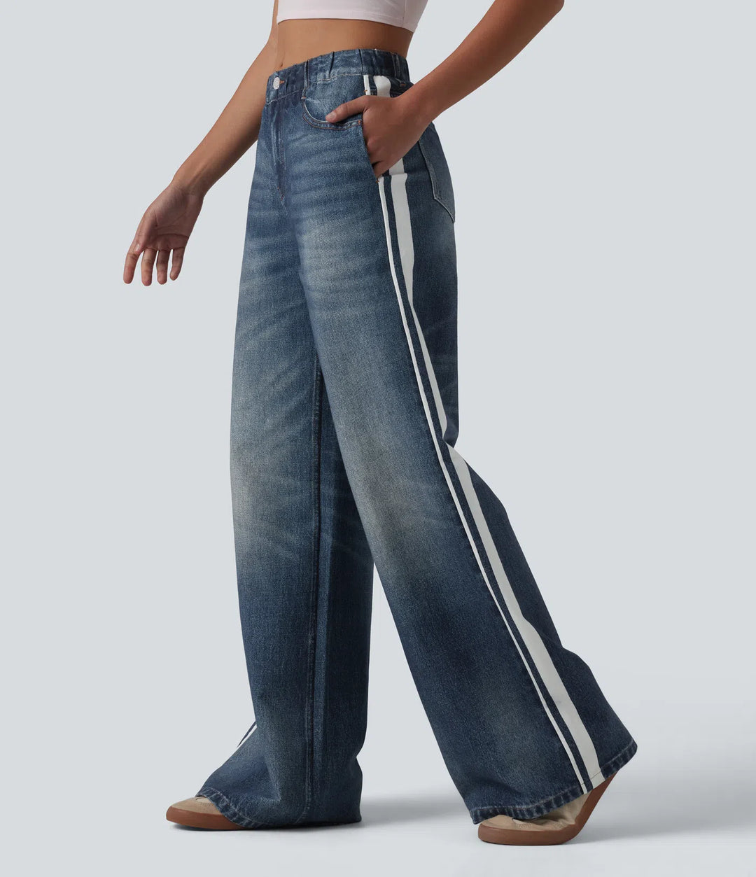 Mid Rise Denim Print French Terry Stripe Casual Sweatpants Jeans with Pockets