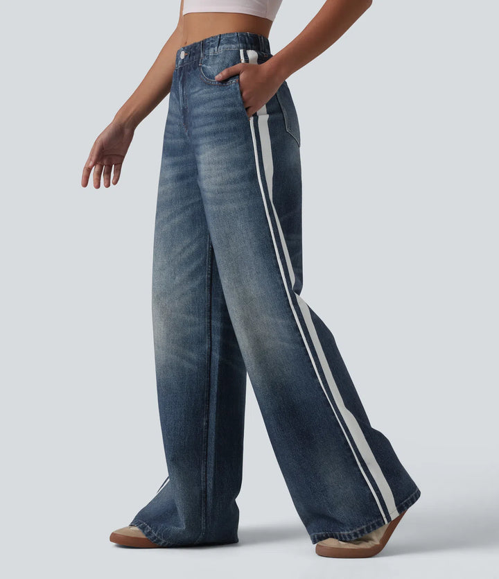 Mid Rise Denim Print French Terry Stripe Casual Sweatpants Jeans with Pockets