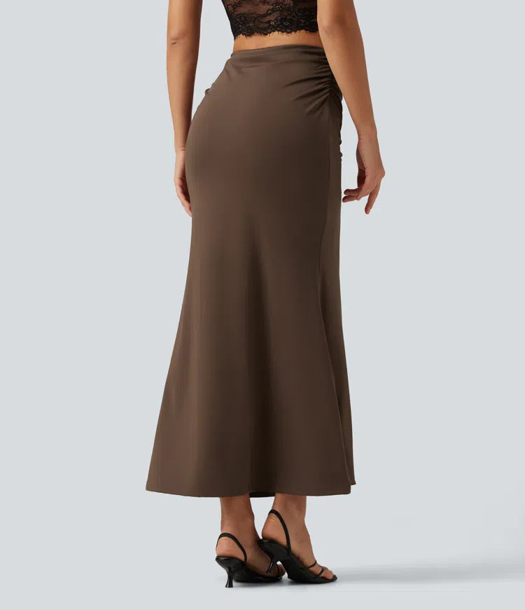 Tummy Control High Waisted 2-in-1 Ruched Casual Midi Mermaid Skirt