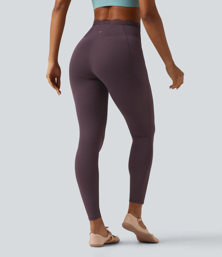 SoftlyZero High Waisted Crossover Contrast Lace Yoga Leggings with Pockets