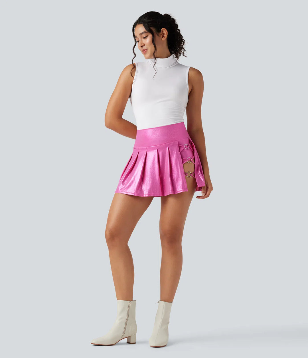 SoftlyZero Faux Leather High Waisted 2-in-1 Pleated Sparkle Foil Print Stretchy Mini Skirt with Pockets