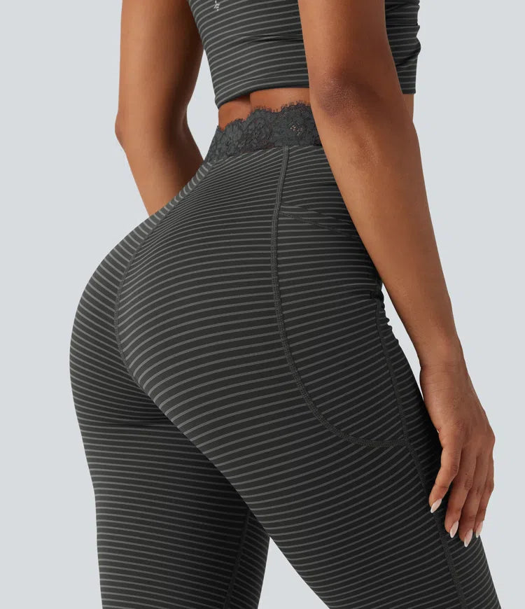 V-Shaped High Waisted Contrast Lace Stripe Yoga Flare Leggings with Pockets