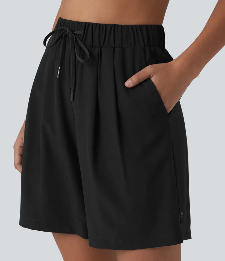 High Waisted Elastic Waistband Drawstring Pleated Yoga Shorts 7&