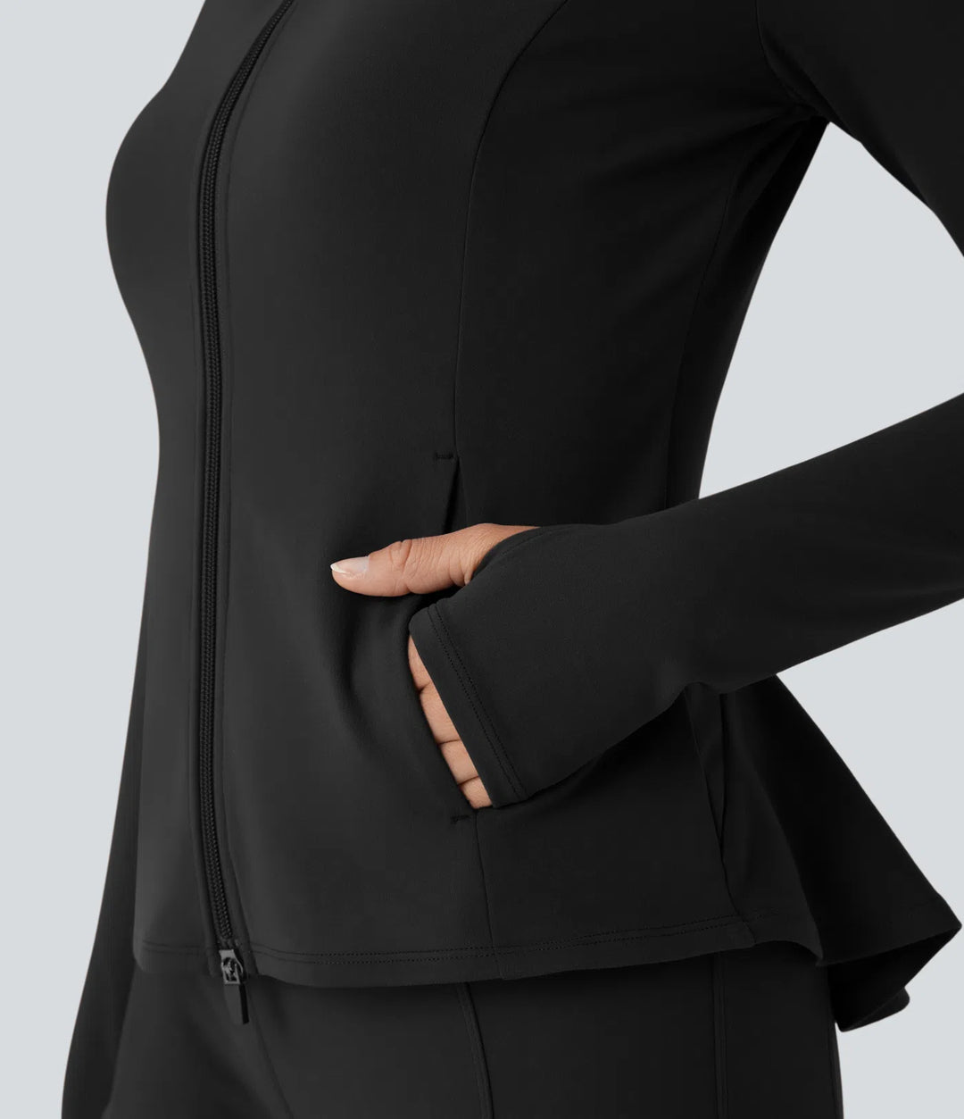 DayStretch Stand Collar Zipper Thumb Hole Ruffle Hem Slim Jacket with Pockets