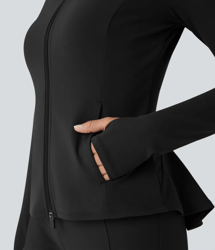 DayStretch Stand Collar Zipper Thumb Hole Ruffle Hem Slim Jacket with Pockets