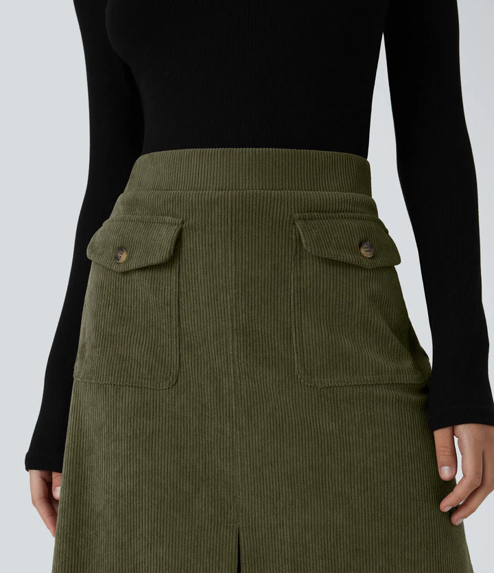Mid Rise Front Side Flap Pocket Midi Corduroy Casual Skirt