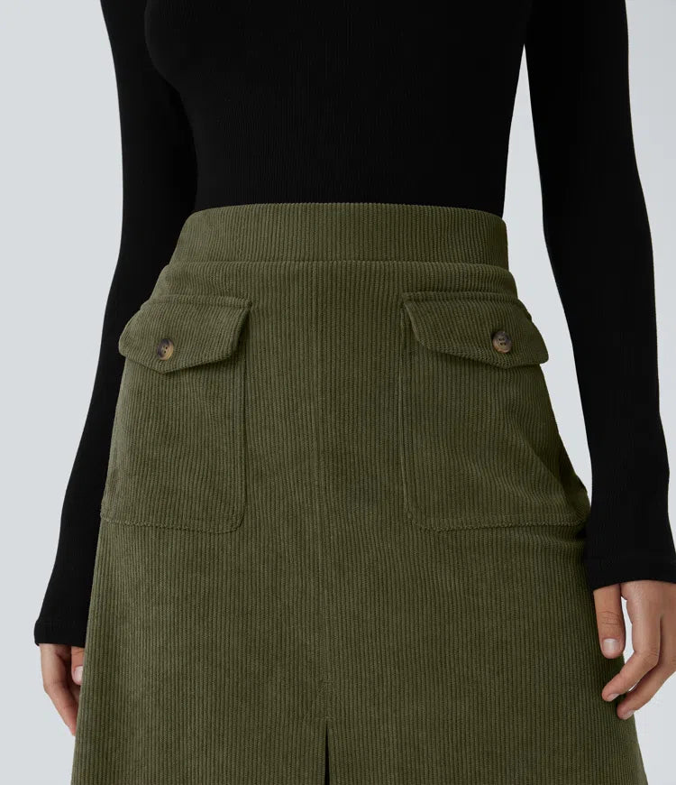 Mid Rise Front Side Flap Pocket Midi Corduroy Casual Skirt