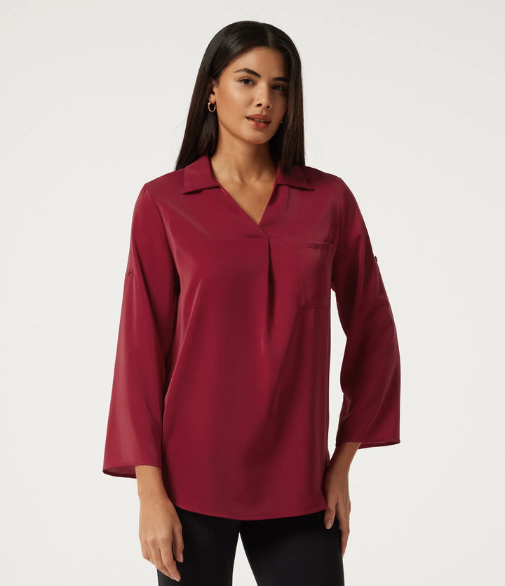 Wrinkle Recovery V Neck Long Sleeve Work Shirt with Pocket