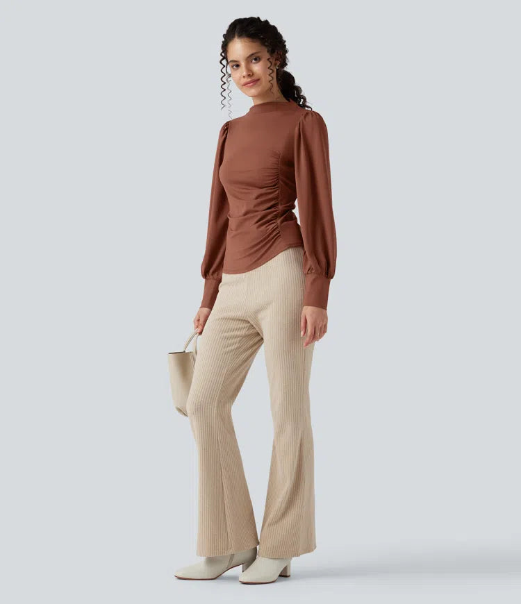 Mock Neck Long Sleeve Ruched Casual Top