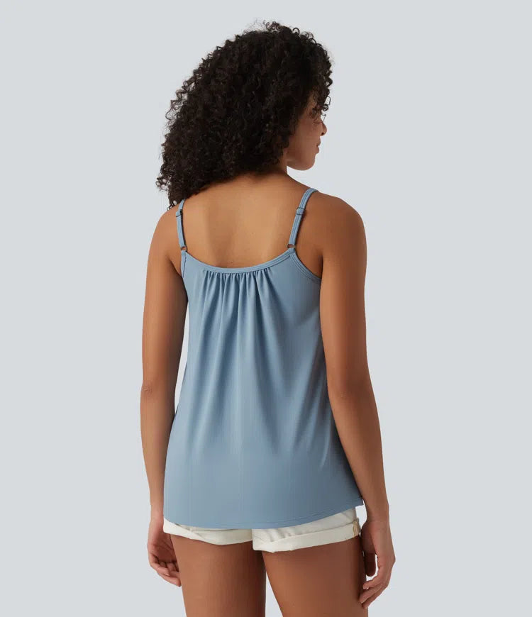 Adjustable Straps Ruched 2-in-1 Built-in Bra Casual Cami Top