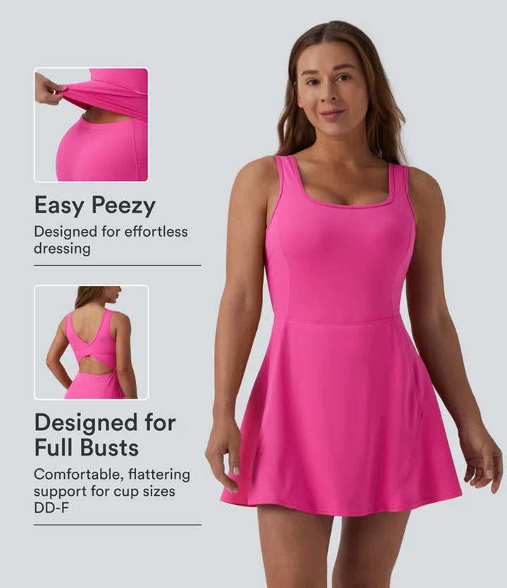 SoftlyZero Airy U Neck 2-in-1 Pocket Mini Cool Touch Dance Active Dress DD-F Cups-Easy Peezy