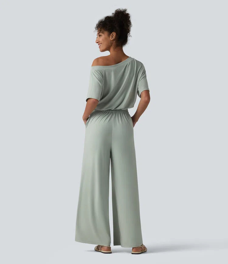 Boat Neck Short Sleeve Drawstring Baggy Casual Jumpsuit with Pockets-Easy Peezy Edition