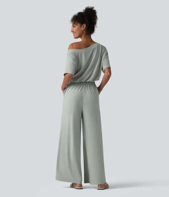 Boat Neck Short Sleeve Drawstring Baggy Casual Jumpsuit with Pockets-Easy Peezy Edition