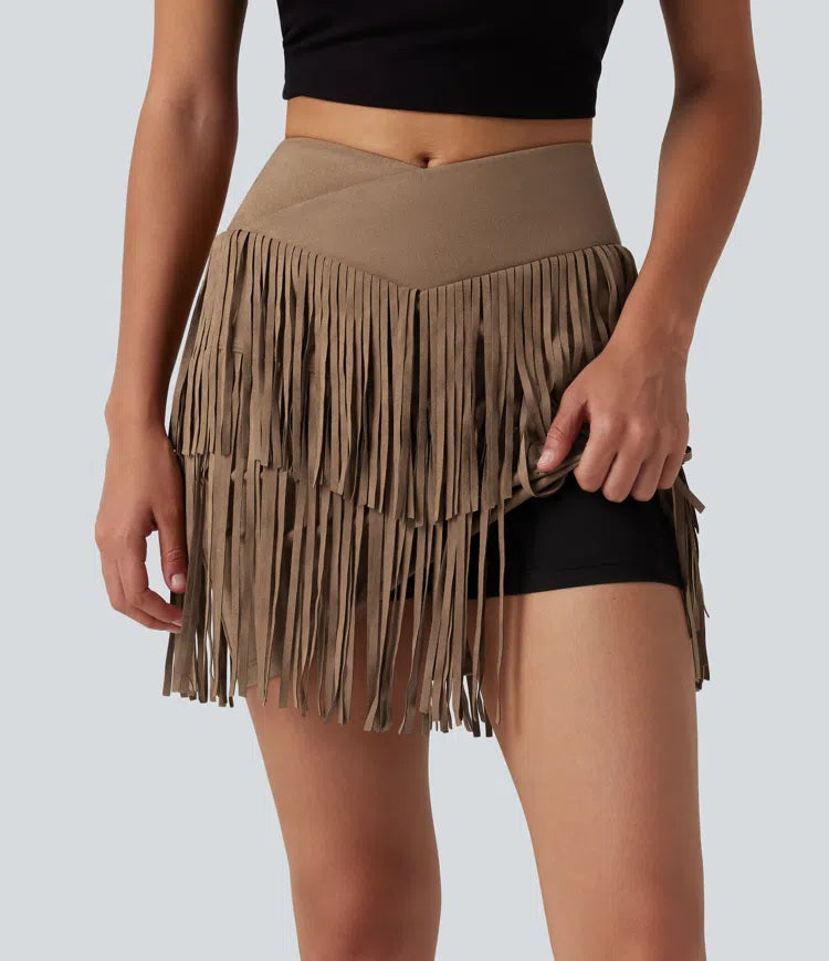 Crossover High Waisted 2-in-1 Fringe Hem Bodycon Mini Suede Party Skirt-Longer Length