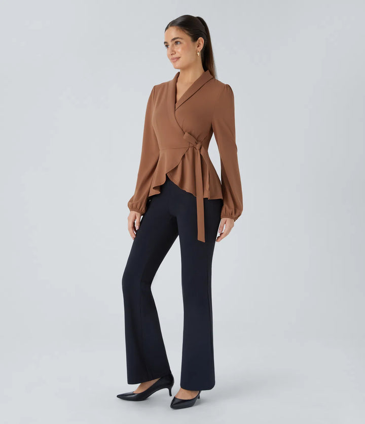 Shawl Collar Wrapped Tie Side Ruffle Hem Work Blouse