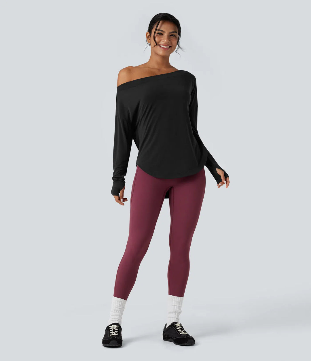 One Shoulder Long Sleeve Thumb Hole Curved Hem High Low Quick Dry Yoga Sports Top-Built-in Bra