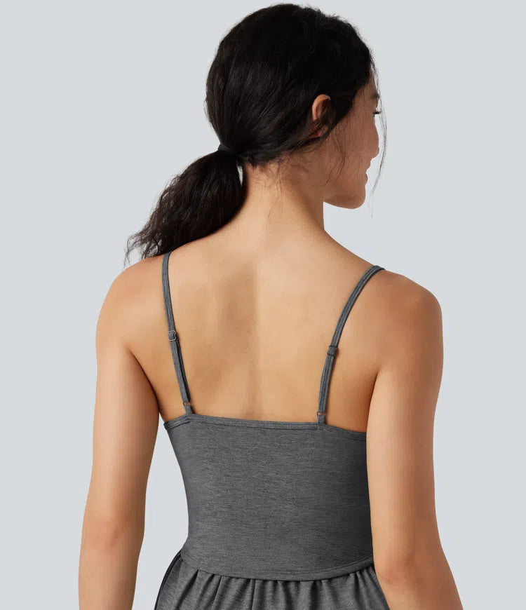 Built-in Bra Ruched 2-in-1 Heathered Casual Romper with Pockets-Easy Peezy Edition