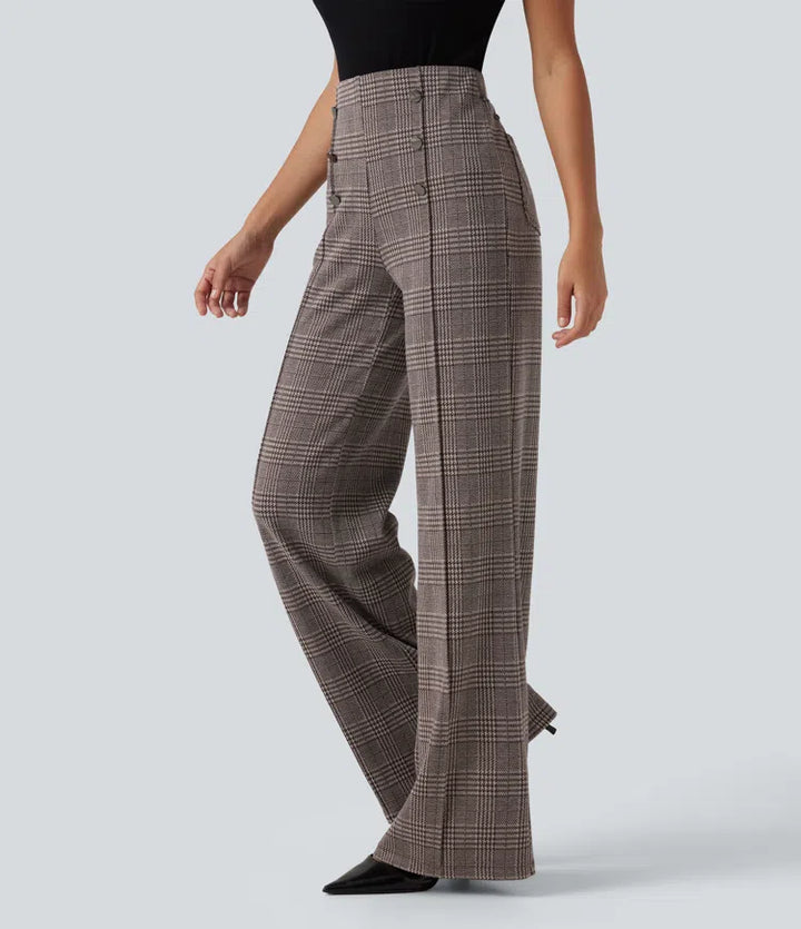 High Waisted Wide Leg Plaid Casual Pants with Pockets