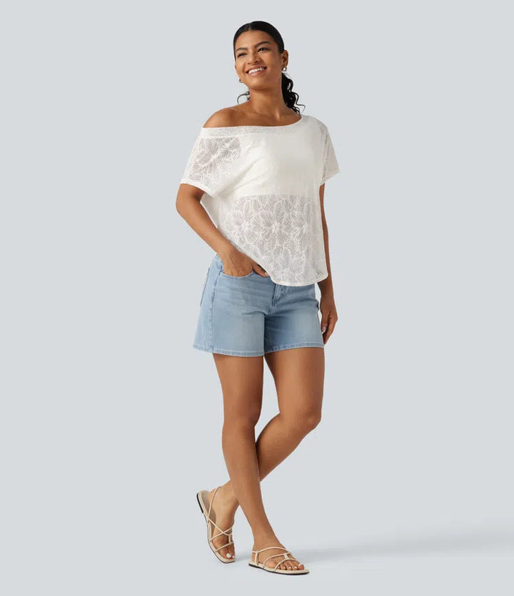 One Shoulder Short Sleeve Built-in Bra Curved Hem High Low Lace Casual Top