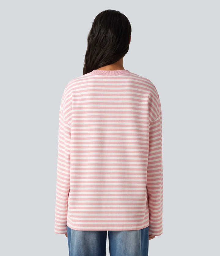 Round Neck Long Sleeve Stripe Waffle Casual Top