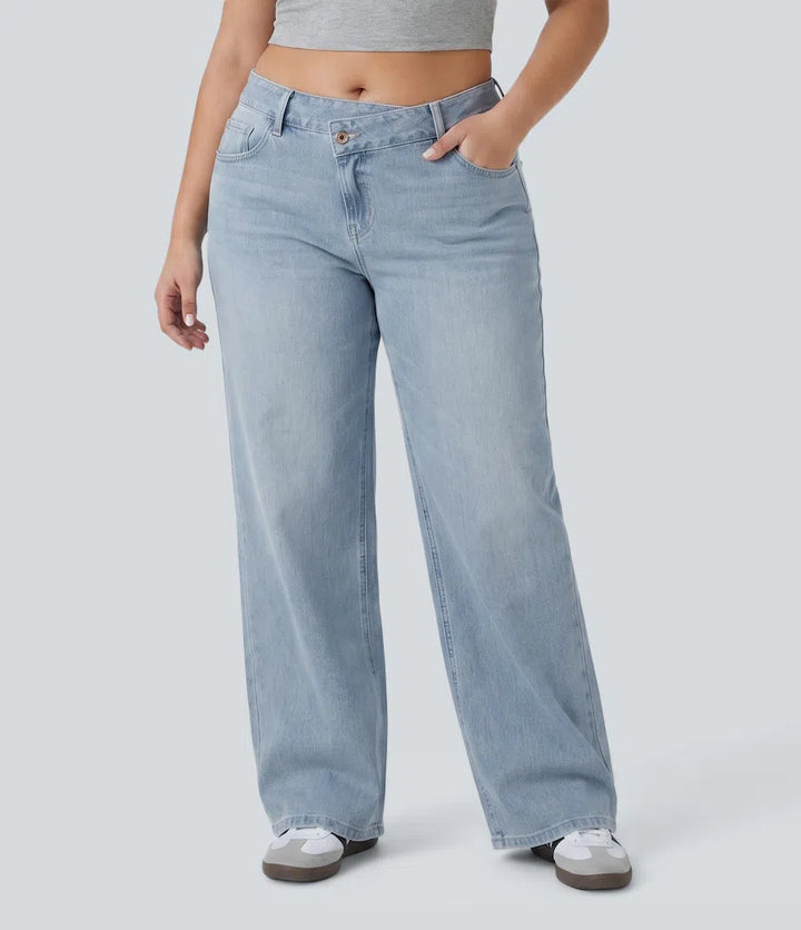 Plus Size Halara Flex Asymmetric Low Rise Wide Leg Washed Casual Jeans with Pockets