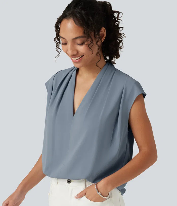 Wrinkle Recovery V Neck Sleeveless Ruched Boxy Casual Blouse