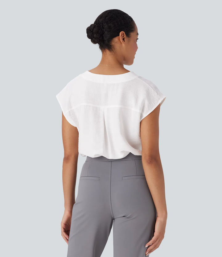 V Neck Cap Sleeve Decorative Work Blouse
