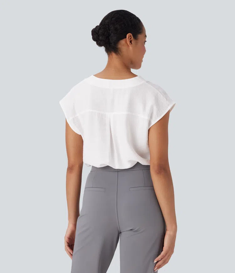 V Neck Cap Sleeve Decorative Work Blouse