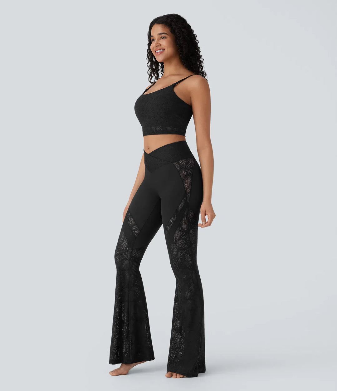 SoftlyZero High Waisted Crossover Pocket Contrast Lace Flare Yoga Leggings