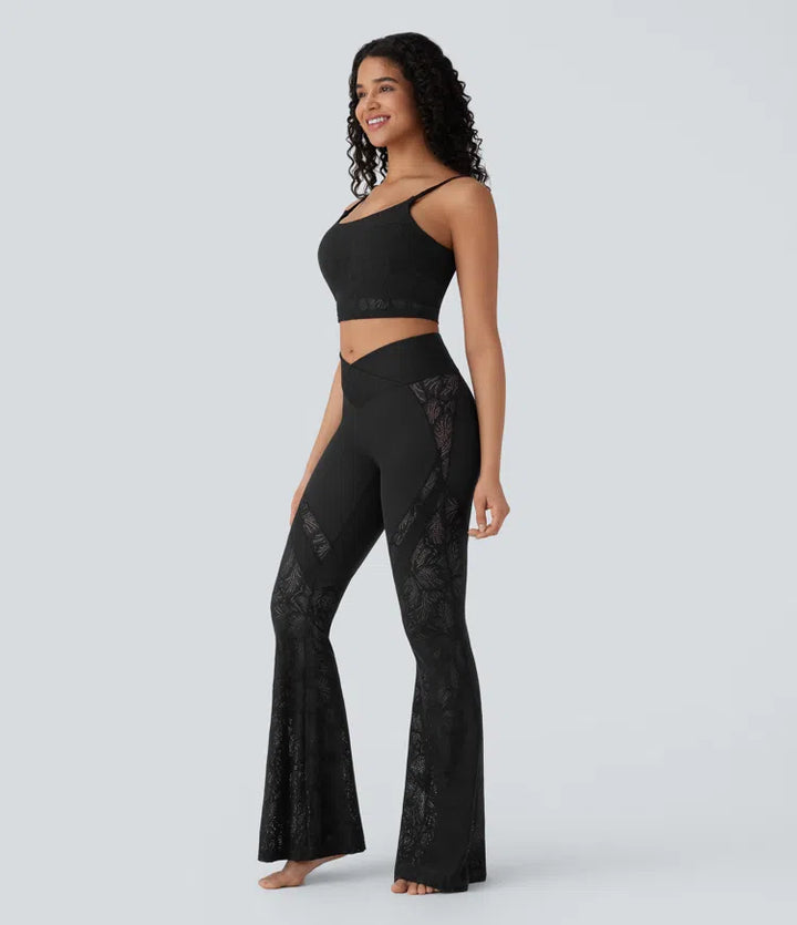 SoftlyZero High Waisted Crossover Pocket Contrast Lace Flare Yoga Leggings