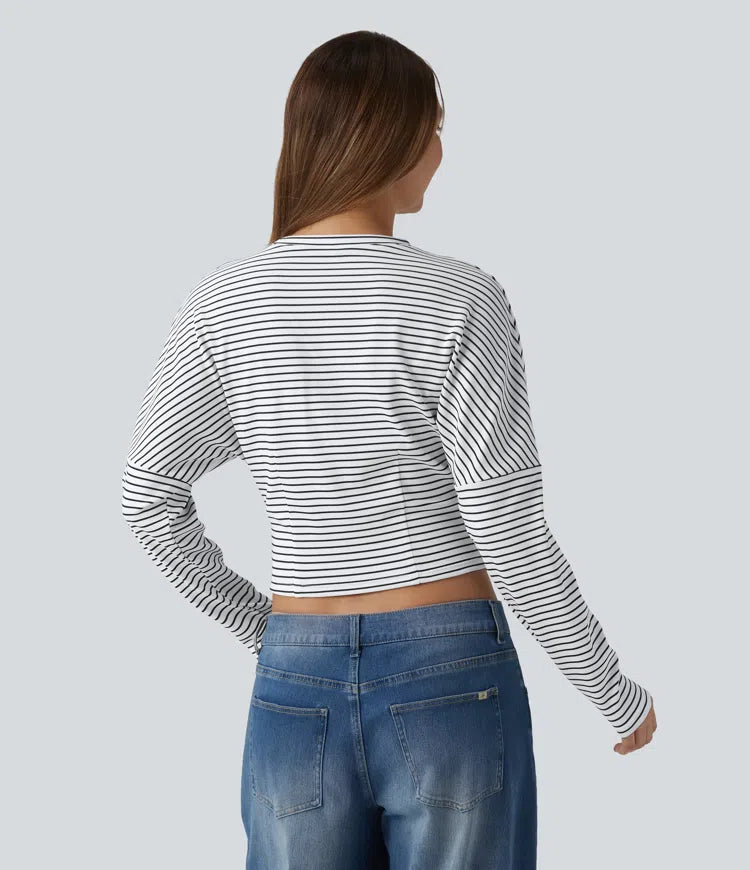 Ribbed Knit Round Neck Long Sleeve Stripes Casual Top