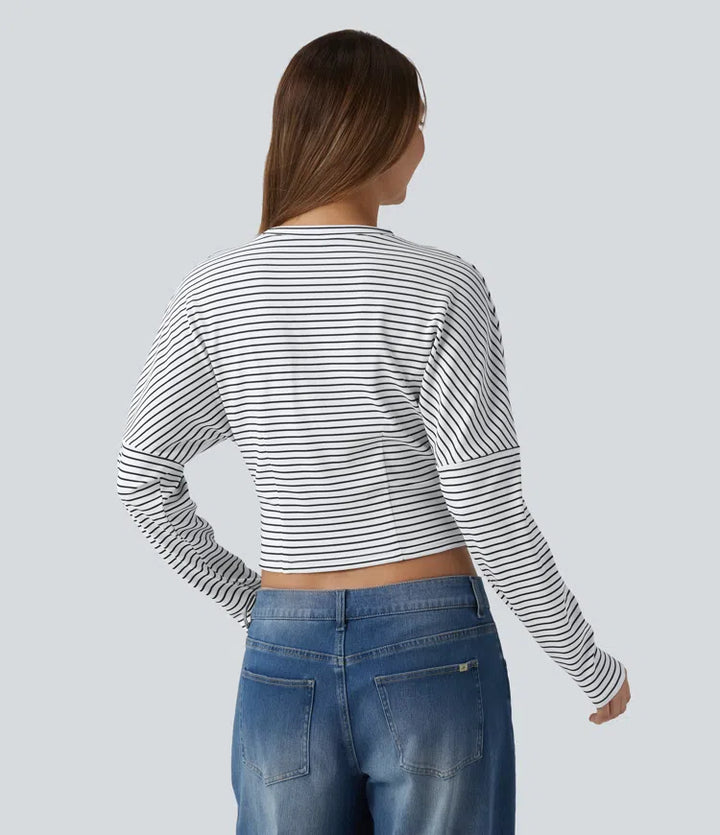 Ribbed Knit Round Neck Long Sleeve Stripes Casual Top