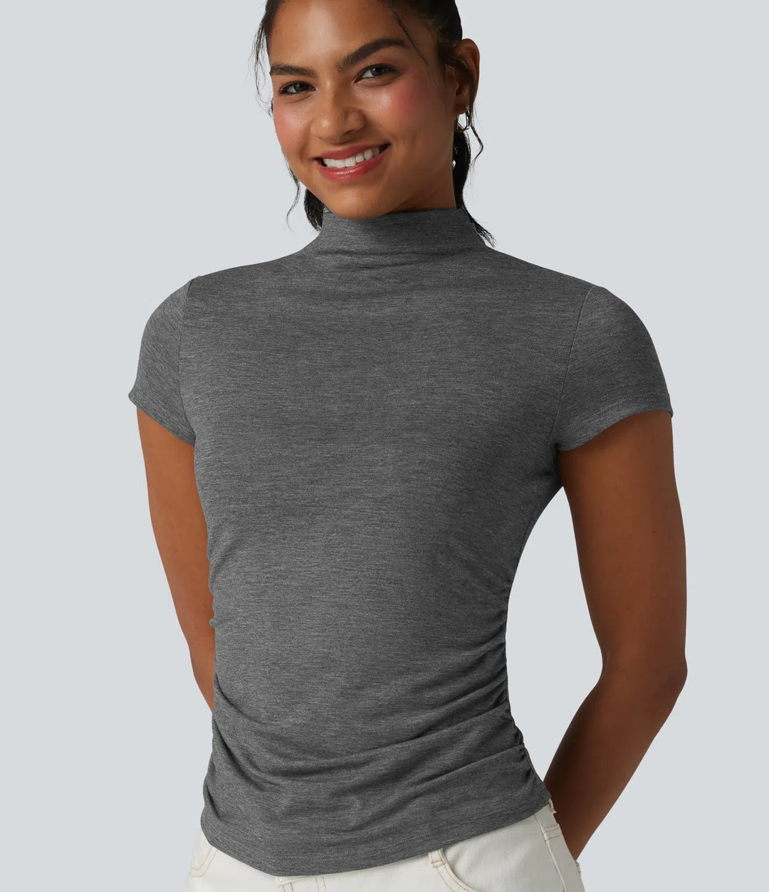 Mock-neck Short Sleeve Ruched Casual T-Shirt