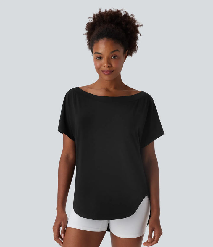 One Shoulder Short Sleeve Curved Hem High Low Quick Dry Yoga Sports Top