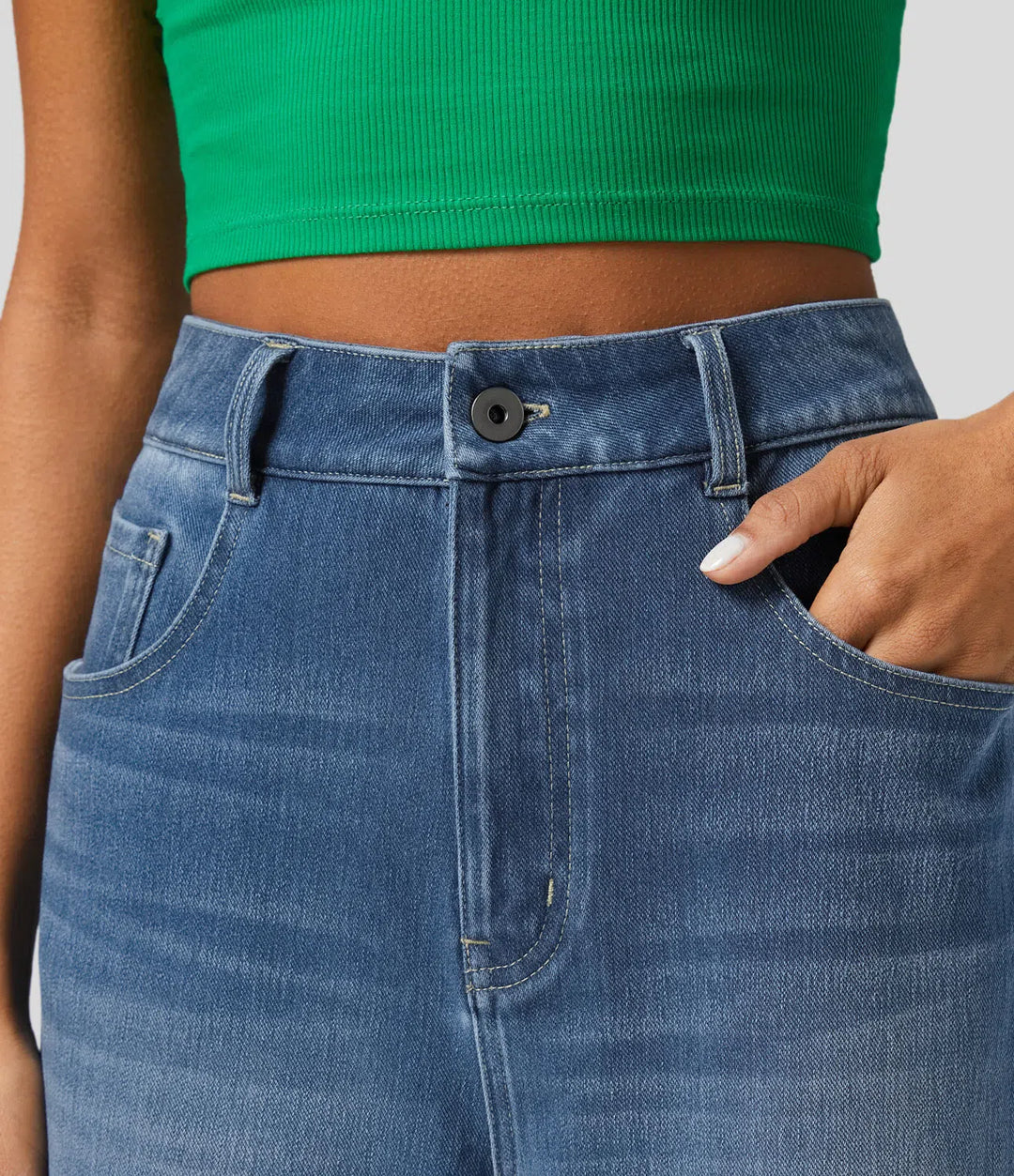 Halara Flex High Waisted Pockets Rolled Hem Wide Leg Washed Casual Jeans