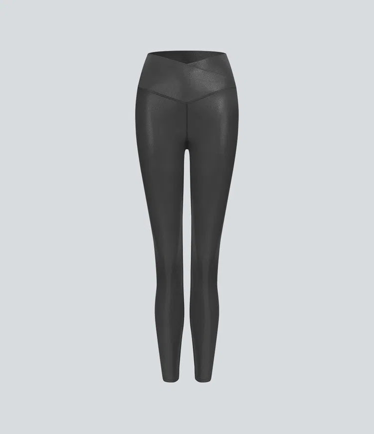 SoftlyZero Faux Leather Crossover Pocket Foil Print Stretchy Casual Leggings